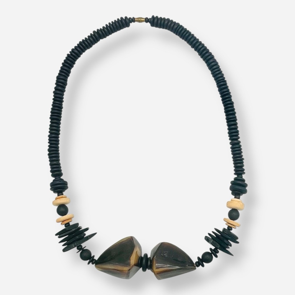 Vintage Chunky Carved Horn Beaded Statement Necklace Gerda Inspired Artsy Boho